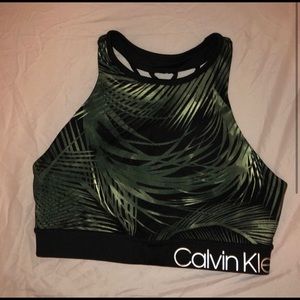 Calvin Klein Palm Leaf Print Mock Neck Sports Bra